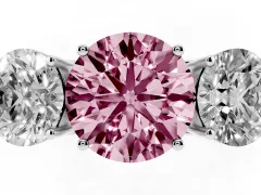 Fancy Pink Round Cut Diamond Three-Stone Ring Set in White gold with Textured Band