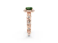 Fancy Green Cushion Cut Diamond Halo Ring Set in Rose gold with Filigree Leaf Band and Prong Setting