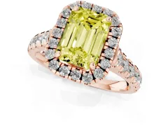 Fancy Yellow Emerald Cut Diamond Halo Engagement Ring Set in Rose gold with Pavé Band and Prong-Set Center