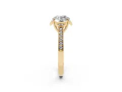 Round Cut Diamond Halo Ring Set in Yellow gold with Channel Set Band and Prong Setting