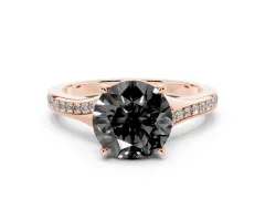 Fancy Black Round Cut Diamond Solitaire Ring Set in Rose gold with Pavé Accent Band and Classic Prong Setting