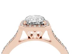 Radiant Cut Diamond Halo Engagement Ring Set in Rose gold with Round Pavé Shoulders and Heart Gallery