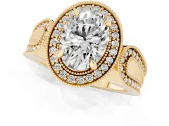 Oval Cut Diamond Halo Ring Set in Yellow gold with Milgrain Accent Split Shank