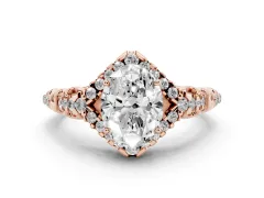 Oval Cut Diamond Solitaire Ring Set in Rose gold with Hidden Halo and Pavé Band
