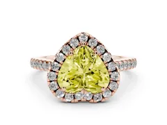 Fancy Yellow Heart Cut Diamond Pavé Halo Engagement Ring Set in Rose gold with Pavé Band and Prong Setting