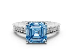 Fancy Blue Asscher Cut Diamond Solitaire Pavé Milgrain Engagement Ring Set in White gold with Prong Setting