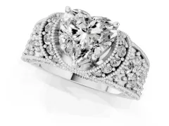 Heart Cut Diamond Milgrain Halo Pavé Engagement Ring Set in White gold with Prong Setting