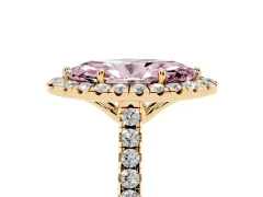 Fancy Pink Marquise Cut Diamond Pavé Halo Engagement Ring Set in Yellow gold with Pavé Band and Prong Setting