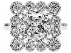 Cushion Cut Diamond Cluster Halo Ring Set in Platinum with Milgrain Bezel Accents and Plain Band