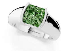 Fancy Green Princess Cut Diamond Bezel Solitaire Ring Set in White gold with Wide Band
