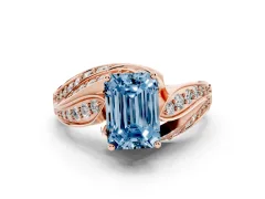 Fancy Blue Emerald Cut Diamond Solitaire Ring Set in Rose gold with Layered Twist Pavé Band