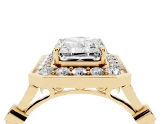 Radiant Cut Diamond Halo Engagement Ring Set in Yellow gold with Twisted Band and Prong Setting