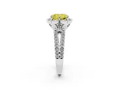 Fancy Yellow Radiant Cut Diamond Floral Halo Split Shank Engagement Ring Set in Platinum with Pavé Shank
