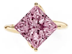 Fancy Pink Princess Cut Diamond Solitaire Engagement Ring Set in Yellow gold with Classic Plain Band