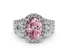 Fancy Pink Oval Cut Diamond Halo Split Shank Ring Set in White gold with Round Accent Stones and Prong Setting