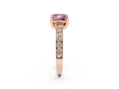 Fancy Pink Princess Cut Diamond Solitaire Ring Set in Rose gold with Milgrain-Edged Pavé Band and Prong Setting