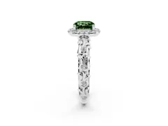 Fancy Green Cushion Cut Diamond Halo Ring Set in Silver with Filigree Leaf Band and Prong Setting