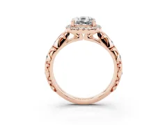 Cushion Cut Diamond Halo Ring Set in Rose gold with Filigree Leaf Band and Prong Setting