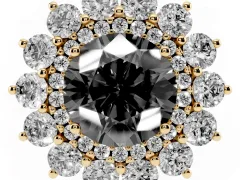Fancy Black Round Cut Diamond Floral Double Halo Ring Set in Yellow gold with Round Petals
