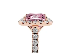 Fancy Pink Princess Cut Diamond Pavé Halo Engagement Ring Set in Rose gold with Pavé Band and Prong Setting