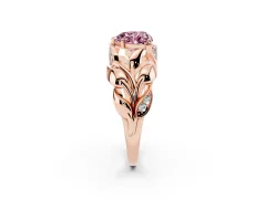 Fancy Pink Heart Cut Diamond Leaf-Inspired Engagement Ring Set in Rose gold with Round Accents