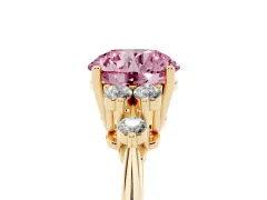 Fancy Pink Round Cut Diamond Cluster Ring Set in Yellow gold with Plain Band and Prong Setting