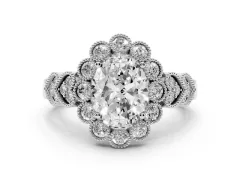Oval Cut Diamond Solitaire Ring Set in Silver with Milgrain Pavé Heart Band