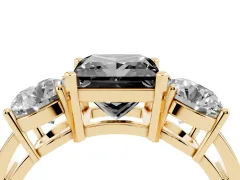 Fancy Black Princess Cut Diamond Three-Stone Ring Set in Yellow gold with Round Side Stones and Classic Band