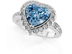 Fancy Blue Heart Cut Diamond Halo Ring Set in White gold with Pavé Shank and Prong Setting