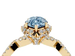 Fancy Blue Marquise Cut Diamond Halo Twist Band Solitaire Ring Set in Yellow gold with Prong-Set Center Stone