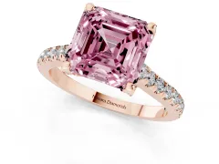 Fancy Pink Asscher Cut Diamond Solitaire Ring Set in Rose gold with Brilliant Pavé Band and Prong Setting