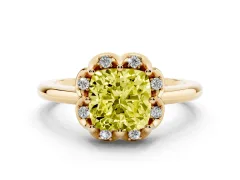 Fancy Yellow Cushion Cut Diamond Round Cluster Halo Ring Set in Yellow gold with Solitaire Band and Prong Setting