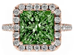 Fancy Green Princess Cut Diamond Pavé Halo Engagement Ring Set in Rose gold with Pavé Band and Prong Setting