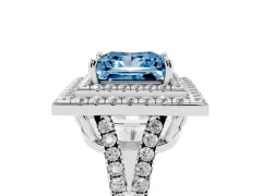 Fancy Blue Princess Cut Diamond Double Halo Ring Set in Silver with Pavé Band