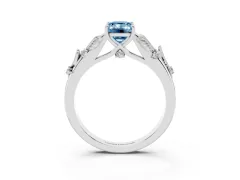 Fancy Blue Emerald Cut Diamond Solitaire Ring Set in Silver with Leaf Motif Band