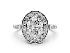 Oval Cut Diamond Halo Ring Set in White gold with Accent-Lined Split Shank and Prong Setting