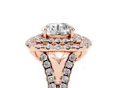 Round Cut Diamond Double Halo Ring Set in Rose gold with Pavé Split Shank and Prong Setting