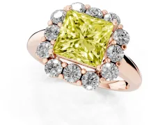 Fancy Yellow Princess Cut Diamond Milgrain Halo Solitaire Ring Set in Rose gold with Bezel Set Side Stones and Pavé Band