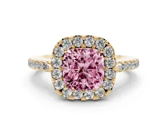Fancy Pink Cushion Cut Diamond Pavé Halo Ring Set in Yellow gold with Prong Setting