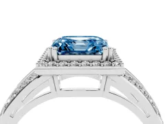 Fancy Blue Asscher Cut Diamond Halo Ring Set in White gold with Double Pavé Split Shank