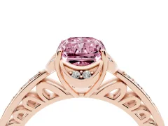 Fancy Pink Radiant Cut Diamond Halo Ring Set in Rose gold with Channel Set Band and Prong Setting