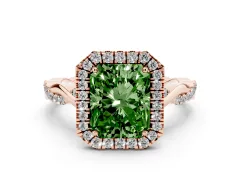 Fancy Green Radiant Cut Diamond Halo Twist Band Solitaire Ring Set in Rose gold with Prong Setting