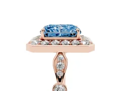Fancy Blue Radiant Cut Diamond Halo Engagement Ring Set in Rose gold with Twisted Band and Prong Setting