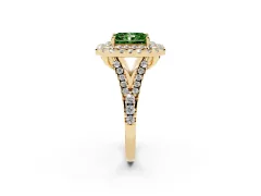 Fancy Green Radiant Cut Diamond Double Halo Ring Set in Yellow gold with Pavé Split Shank and Prong Setting