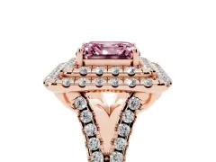 Fancy Pink Asscher Cut Diamond Double Halo Ring Set in Rose gold with Pavé Split Shank and Prong Setting