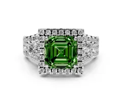 Fancy Green Asscher Cut Diamond Halo Split Shank Ring Set in Silver with Round Accent Stones and Prong Setting