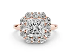 Princess Cut Diamond Milgrain Halo Solitaire Ring Set in Rose gold with Bezel Set Side Stones and Pavé Band