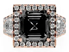 Fancy Black Asscher Cut Diamond Halo Split Shank Ring Set in Rose gold with Round Accent Stones and Prong Setting
