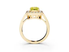 Fancy Yellow Radiant Cut Diamond Halo Ring Set in Yellow gold with Accent-Lined Split Shank and Prong Setting