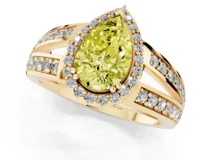 Fancy Yellow Pear Cut Diamond Halo Ring Set in Yellow gold with Double Pavé Split Shank